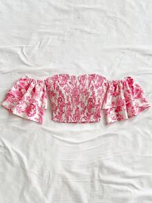 Soleia 女式花卉印花单肩荷叶边短袖衬衫，度假风格 - 彩色 - 查看 7