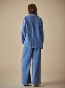 Selenza Women's Faux Pearl Embellished Blue Casual Long Sleeve Denim Blouse - Blue - View 2