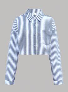 SHEIN Teen Girl Comfortable Simple Loose Contrast Elastic Waist Stripe Printed Wide-Leg Pants Solid White Cami Blue Stripe Cropped Long Sleeve Shirt 3 Pieces Set