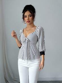 Elenzga Elegante blusa senza maniche con fiocco anteriore, a peplum con colori a contrasto, adatta per uso casual quotidiano, viaggi, spiaggia, festival musicali, pendolarismo, primavera/estate