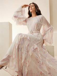 Anewsta Spring/Summer New Beach Resort Style Ruffled Patchwork Loose Long Sleeve Dress For Women - Multicolor - View 3