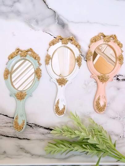 Fairycore 1 pieza Espejo de mano de princesa barroca inspirado en lo vintage, espejo de maquillaje portátil con mango elegante, elemento esencial para salón de belleza, regalo perfecto para niñas y mujeres, decoración del hogar, accesorios de disfraz, props de estilo lolita
