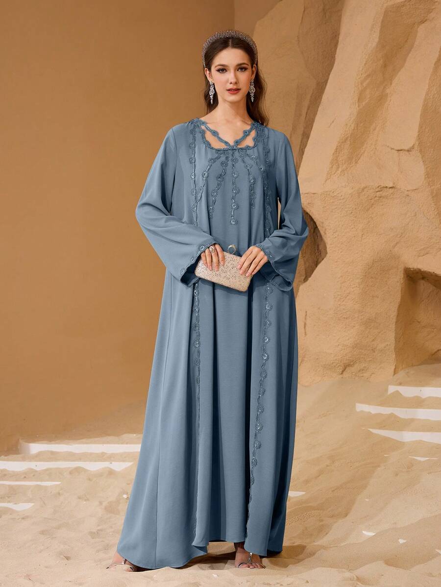 Al Najma 女士优雅新款浪漫土耳其和阿拉伯传统长裙 - 霧霾藍 - 查看 1