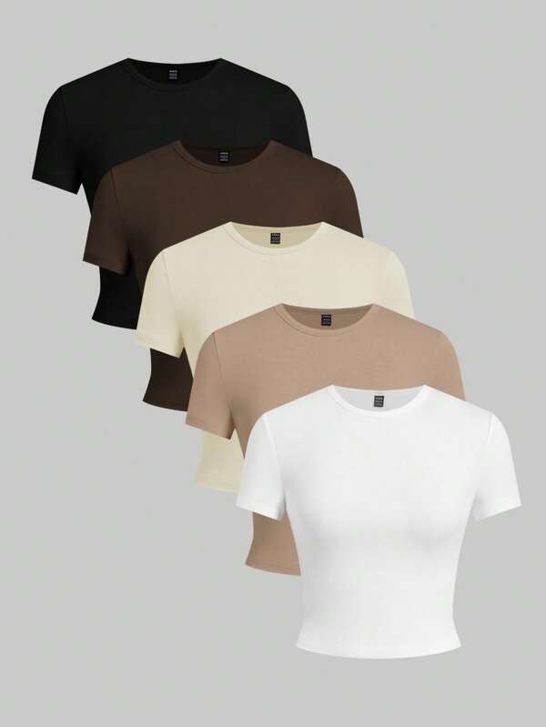 SHEIN EZwear 5pcs/Pack Basic Solid Color Slim Fit Short Sleeve T-Shirt