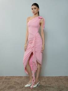 SHEIN MOD Asymmetric Neck Twist Front Sexy Party Dress, Pink - Pink - View 3