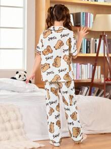 SHEIN 可爱水豚印花女童睡衣套装(含短袖上衣和长裤) - 白色 - 查看 3