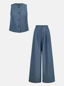 BizChic 两件套：女士2025夏季商务休闲日常套装 - 优雅的海滨度假装，适合婚礼宾客、乡村音乐节、早午餐、机场装。包含圆领背心和阔腿裤，斯德哥尔摩/90年代/美式风格