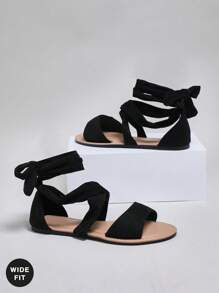 SHUZIA Women's Wide-Fit Lace-Up Ankle Strap Flat Sandals - Black - View 5