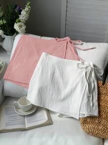 Bộ 2 món váy và quần dài buộc dây kiểu dáng tối giản, màu trơn, phong cách thường ngày đi nghỉ mát dành cho nữ. - Màu Hồng baby - Xem 3