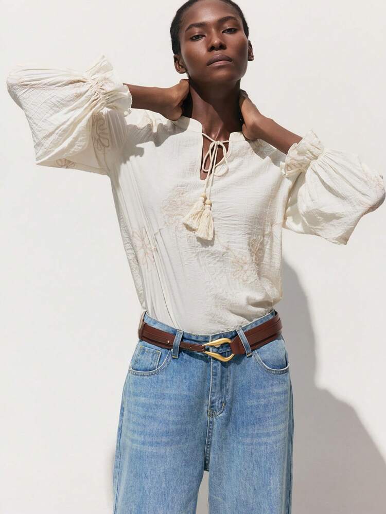 SHEIN Maija Apricot Embroidered Large Flower Texture Round Neck Drawstring Front Neckline Tassel Tie, Casual Loose Lantern Sleeve Ruffles, Autumn Bohemian Style Beach Women's Shirt