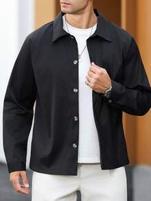 Manfinity Homme 黑色休闲直筒下摆男士衬衫式外套，秋季款 - 黑色 - 查看 3