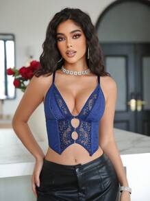 Spicy Aura 1pc Women's Lace Patchwork Wireless Bra - Navy Blue - View 7