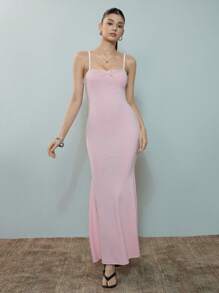 SHEIN MOD Pink Contrast Trim Back Graphic Decorated Fish Tail Dress - Pink - View 3
