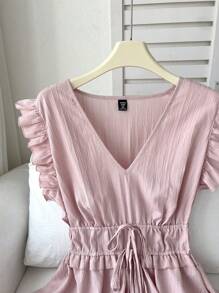 SHEIN CURVE+ 大码度假休闲打结V领短袖荷叶边衬衫 - 粉色 - 查看 5