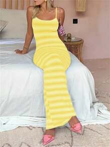 INAWLY Vestido casual de mujer de ajuste delgado con tirantes finos - Amarillo - Ver 4