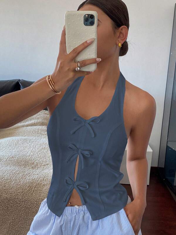 Livesso 1pc Women's High Neck Bowknot Front Sleeveless Blouse Going Out Tops Vacation Halter Top