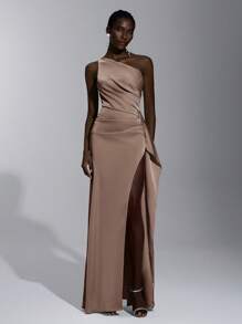 Elitara Abito elegante, romantico, sexy, minimalista, in raso, elasticizzato, senza schienale, con volant, attillato, con spacco alto, alla moda, stile influencer, da occasione, da vacanza, festa di compleanno, matrimonio, damigella