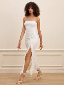 SHEIN MOD Ruffle Trim Slit Elegant Holiday Dress - Apricot - View 5