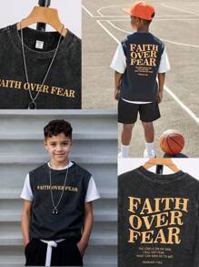 Tween Boy Casual Acid-Washed Slogan Printed Tank Top - Black - View 2