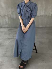 FRIFUL Women's Dusty Blue Denim Dress,Autumn Ellegant Dining Pleated Single-Breasted Puff Short Sleeve Solid Color Butterfly Decor Formal Summer Clothes - Blue - View 7