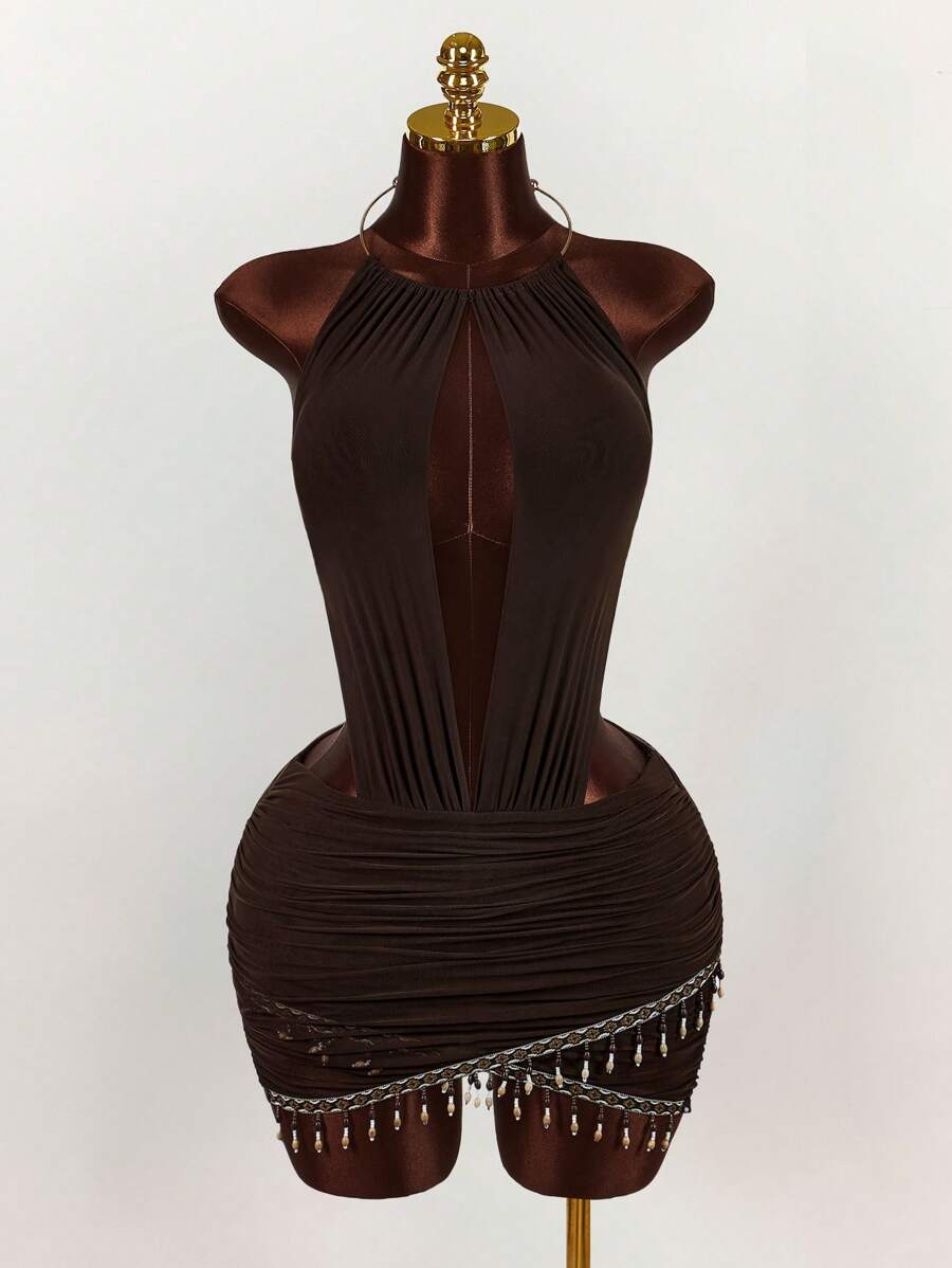Amplova Mesh Draped Neck Vintage Tassel Beaded Decor Bodycon Mini Dress - Brown - View 1