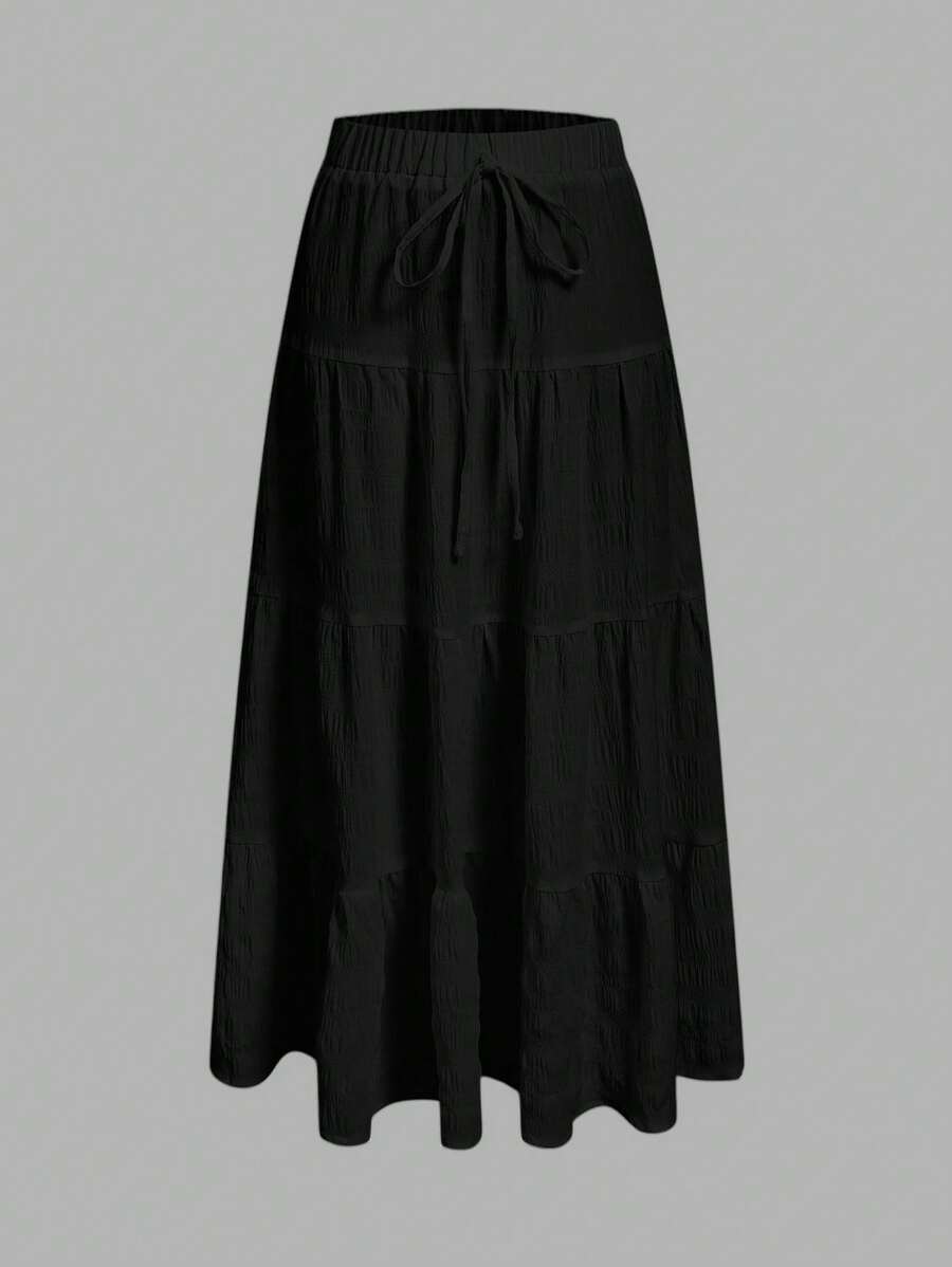 SHEIN EZwear Women's Casual Holiday Multi-Tier Cake Skirt, Suitable For Summer Suitable For Going Out Chic Dress - Black - View 1