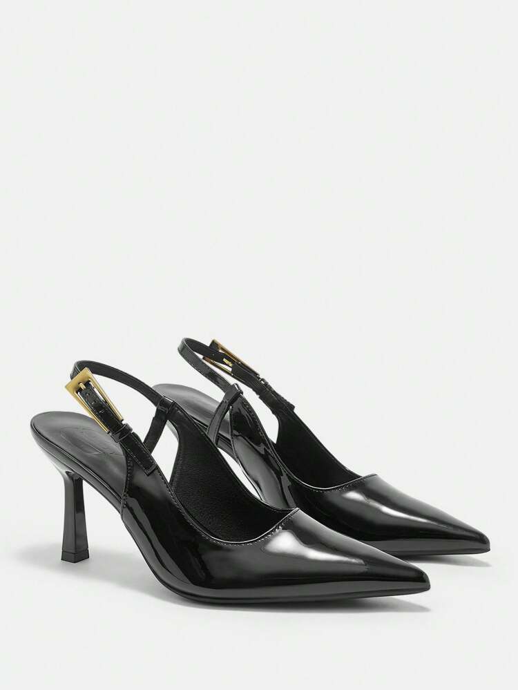 CUCCOO CURVES Plus Size Women High Heel Shoes, Fashion Attractive Metal Multi-Strap Decor Burgundy Pointed Toe Shiny Elegant Mule Shoes, Suitable For Dresses All Year Round