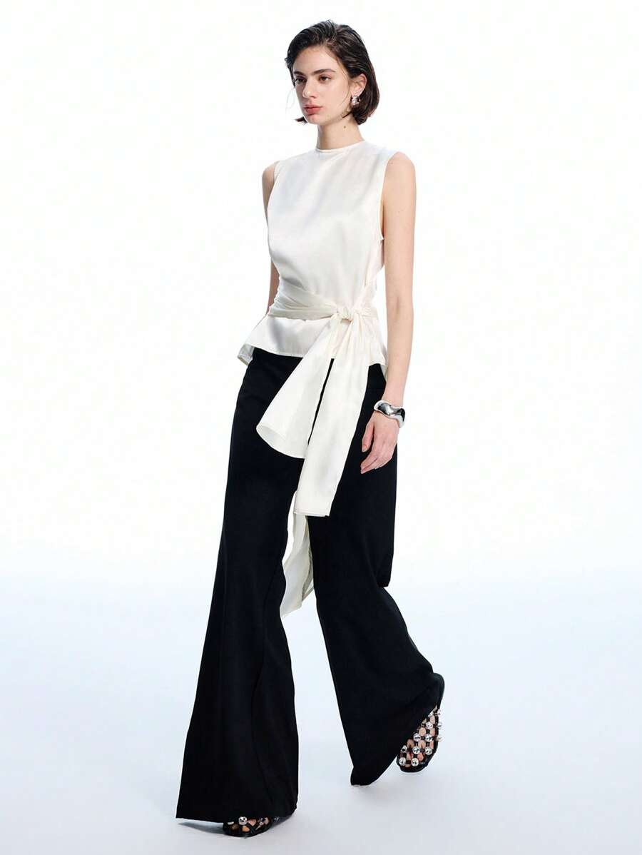 LYSMO 女士系带后背镂空不对称褶皱背心 - 2025 春夏新品 - 白色 - 查看 1