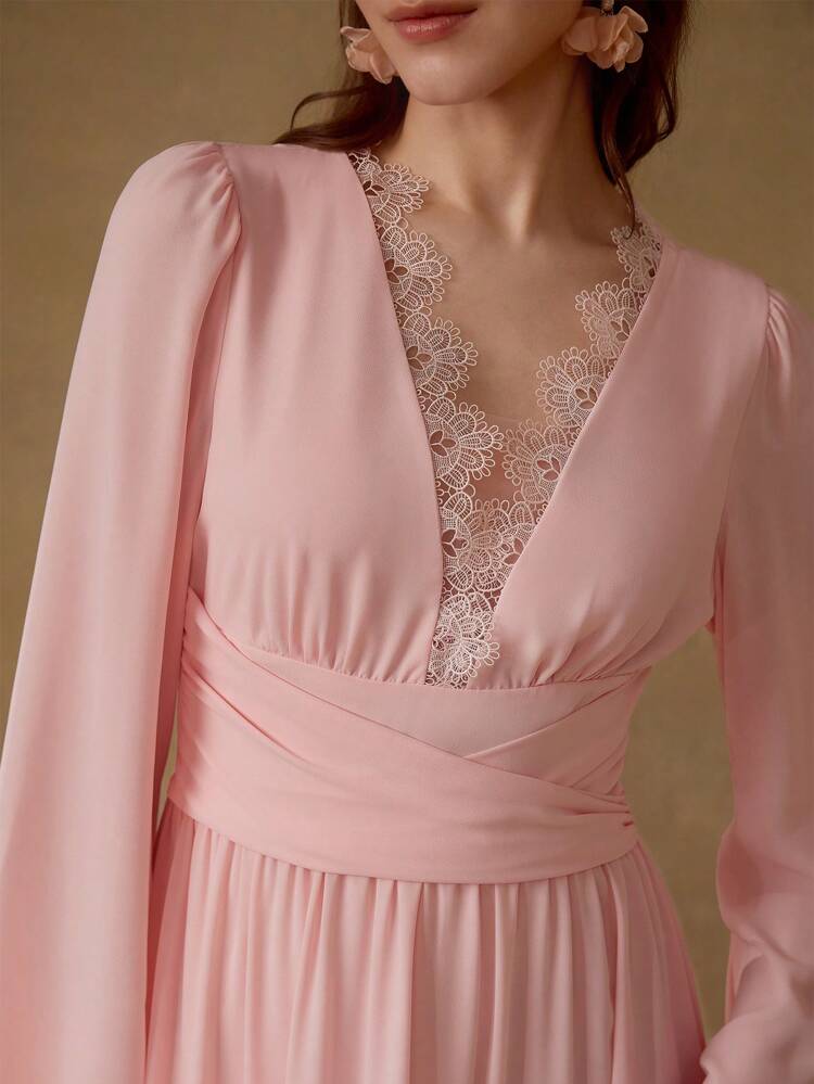 CONTRAST LACE RUFFLE HEM DRESS