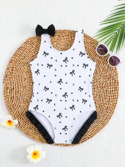 Young Girl Contrast Bow Floral Print Round Neck One-Piece Swimsuit