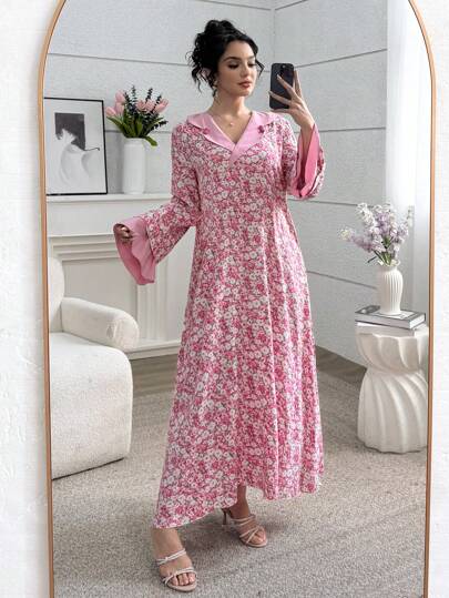 Al Najma 女士碎花甜美深V领长袖宽松休闲连衣裙
