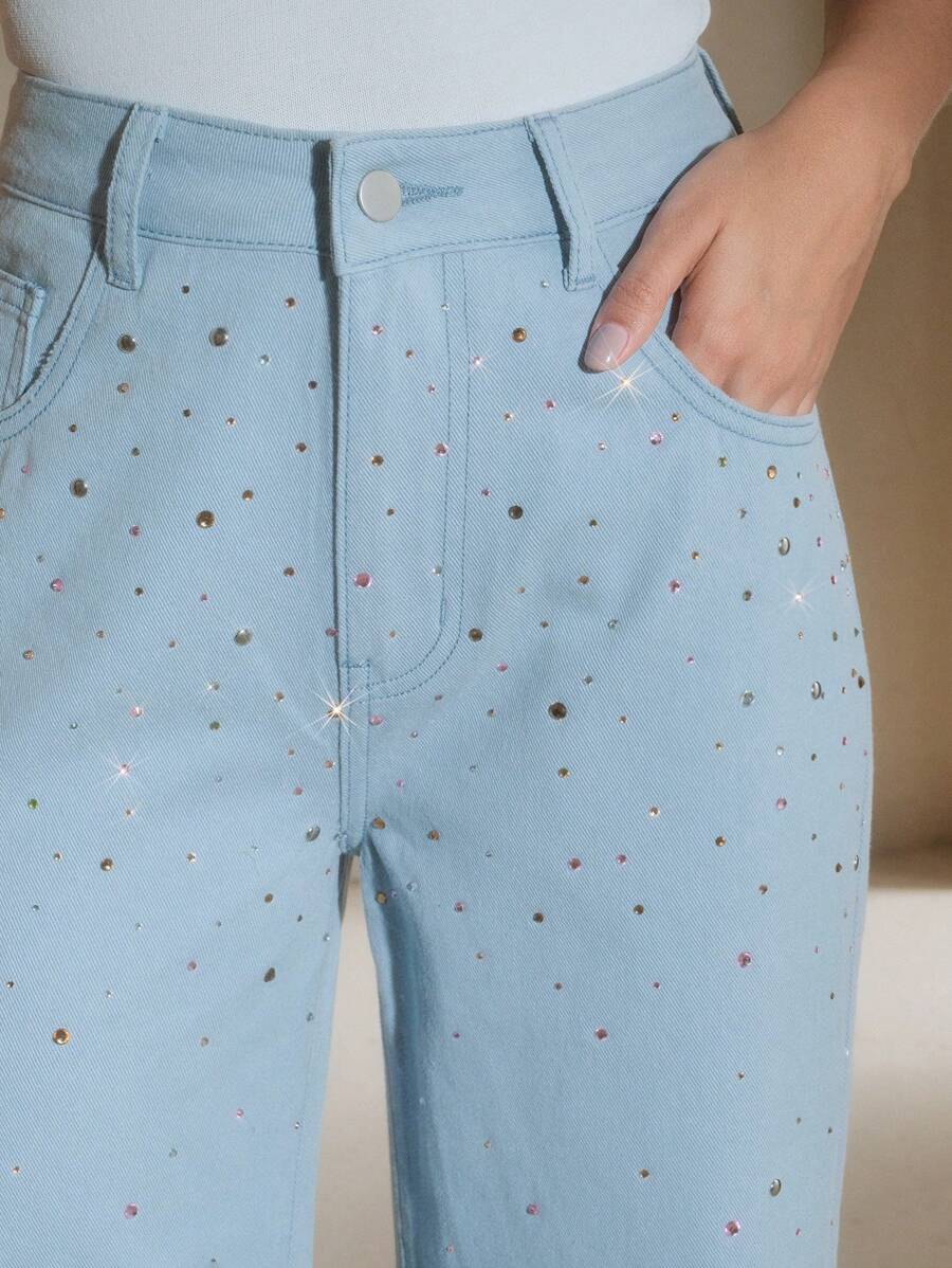Anewsta Rhinestone-Embellished Straight-Leg Pink Jeans For Women - Blue - View 1