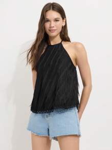 Nöista Women's Black Summer Mama Mia Halter Neckline Top,Loose-Fit Fringe-Textured Lace-Trim Hem Lightweight Breathable Beach Night Out Party Summer Top - Black - View 4