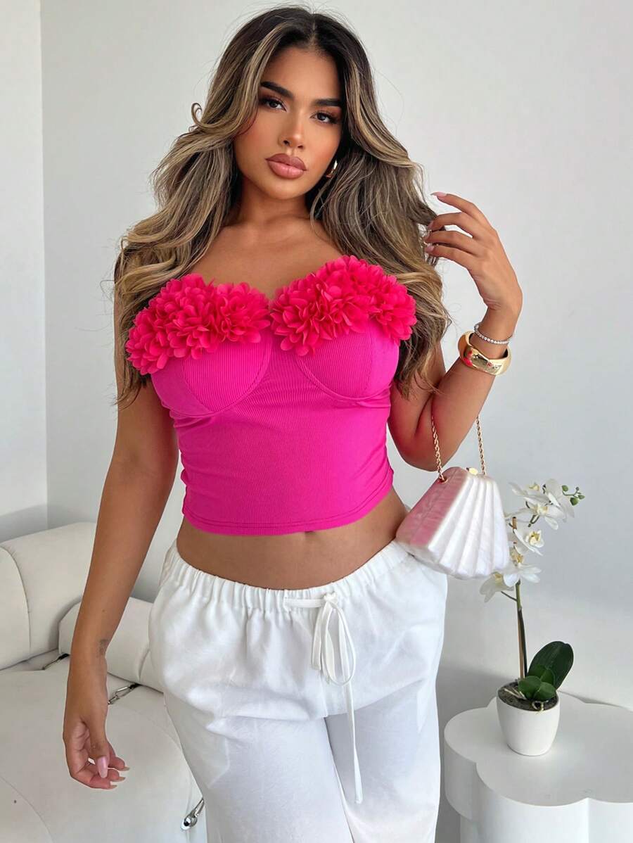 Xyvia Top bandeau de unicolor elegante y sexy con decoración floral 3D de verano - Rosa - Ver 1