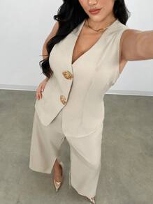 Firerie Set de 2 piese pentru femei, mărime plus, primăvară/vară, nou, casual, pentru birou, naveta: vestă fără mâneci cu nasturi aurii roz și pantaloni de costum - Caisă - Vizualizare 6