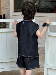 DAZY 男童休闲洗水背心短裤牛仔套装 - 深色水洗藍 - 查看 6