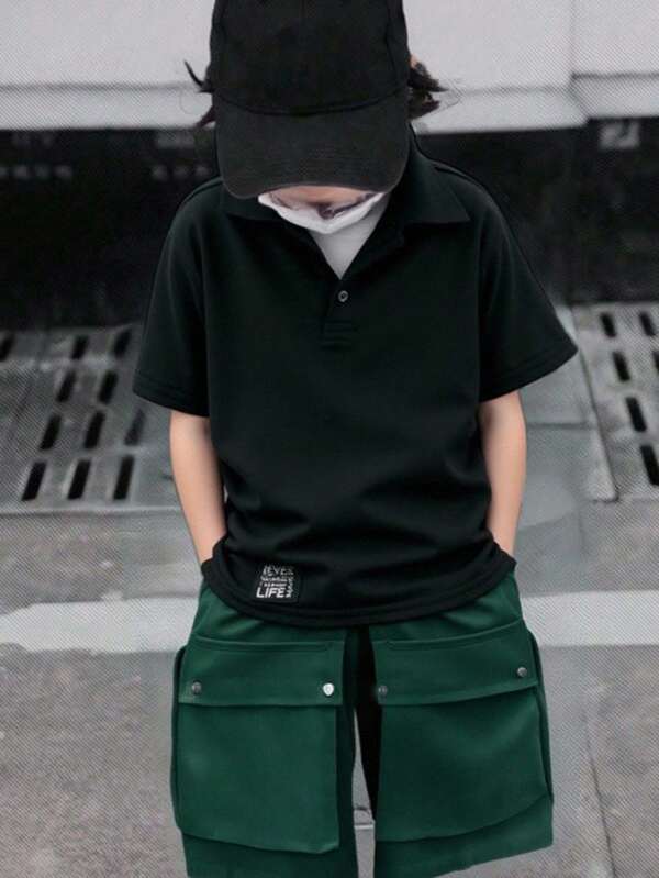 SHEIN Kleine Jungen Klassisches einfarbiges Schwarz Poloshirt, Slim Fit, Lässig & Bequem, geeignet für Alltag, Schule, Outdoor-Aktivitäten, Frühling/Sommer