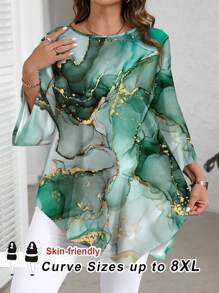 SHEIN CURVE+ Plus Size Elegant Marble Print Asymmetric Hem Blouse