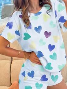 SHEIN Leap Crew 青少年女孩休闲简约圆领短袖短裤家居服，适合夏季 - 彩色 - 查看 4