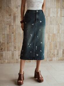 MOTF PREMIUM VÁY DENIM XẺO THÊU THẲNG - Xanh đậm - Xem 7