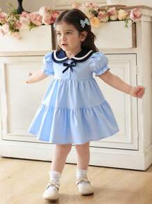 Souflis Souflis Baby Girl Sailor Collar Princess Dress Summer Casual Fashion Style, Puff Sleeves - Blue - View 1