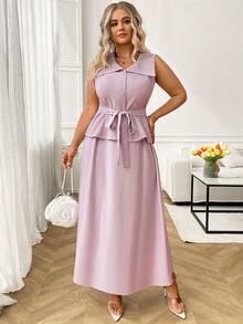 EMERY ROSE Plus Size Collared Button Fly Top & Skirt 2pcs Set - Purple - View 4