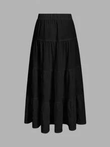SHEIN EZwear Women's Casual Holiday Multi-Tier Cake Skirt, Suitable For Summer Suitable For Going Out Chic Dress - Black - View 2