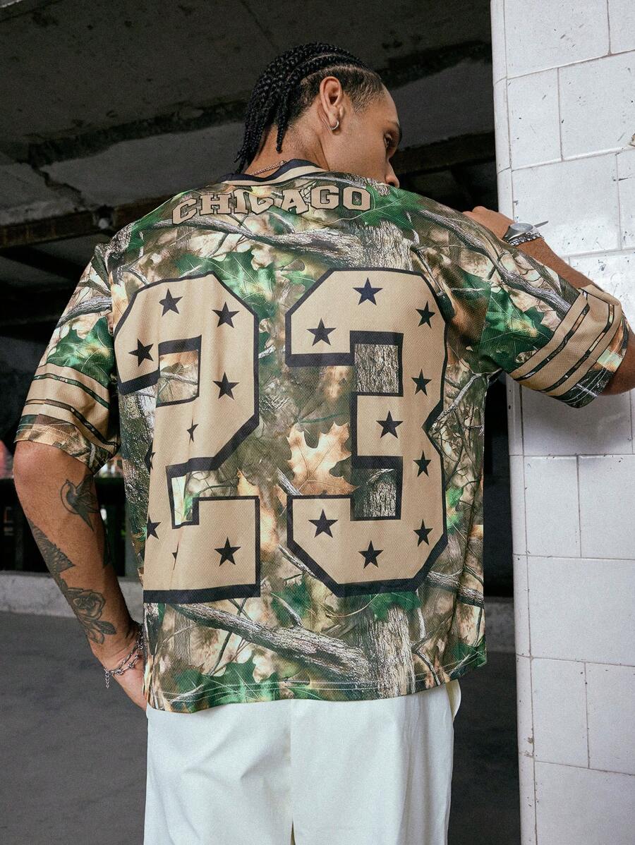 PAVTROS Manfinity Streetrush 男士休闲 V 领短袖 T 恤，带数码印花，夏季男士半迷彩运动衫男士街头潮流衬衫迷彩运动衫，嘻哈街头，男友礼物，男士街头潮流，男士图案 T 恤，运动衫， - 彩色 - 查看 1