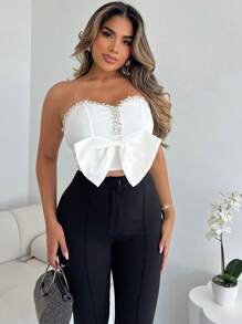 SHEIN Unity Canottiera sexy con decorazione a fiocco 3D e strass per donne