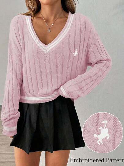EMERY ROSE Suéter casual de mujer con patrón de caballero, de manga larga y hombros caídos, a rayas, de color rosa, de punto de cable, de cuello en V, de punto, para otoño e invierno