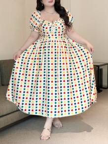 Flirla 加大码新款夏季假期生日优雅甜美可爱多巴胺彩色心形印花设计扭纹胸围泡泡袖修身喇叭裙女式太阳裙 - 彩色 - 查看 1