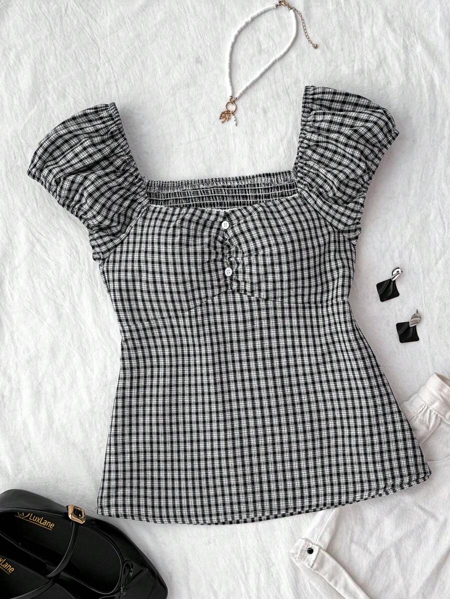 SHEIN 少女黑色复古格子荷叶边装饰 A 字形可爱上衣,学院休闲风格 - 黑色 - 查看 1