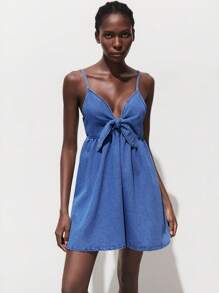 Maija Váy denim xanh nữ phong cách ngày lễ có dây đeo, váy ngắn mùa hè có dây đeo, đi chơi đêm - Rửa trung bình - Xem 8