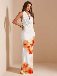 SHEIN BAE Vestido largo con estampado floral, cuello drapeado y ajuste ceñido para mujer, uso casual de verano - Multicolor - Ver 5